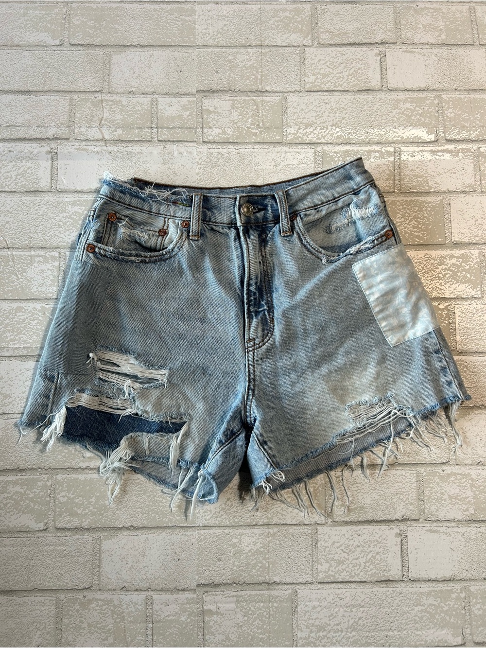 American Eagle Outfitters Light Blue Distressed Denim Patch Work Cutoff Shorts